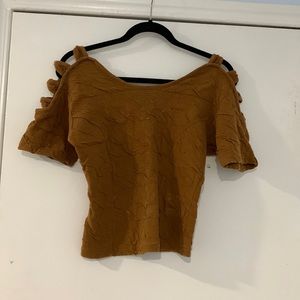 Mustard brown bow detail shirt crinkle detail cold shoulder